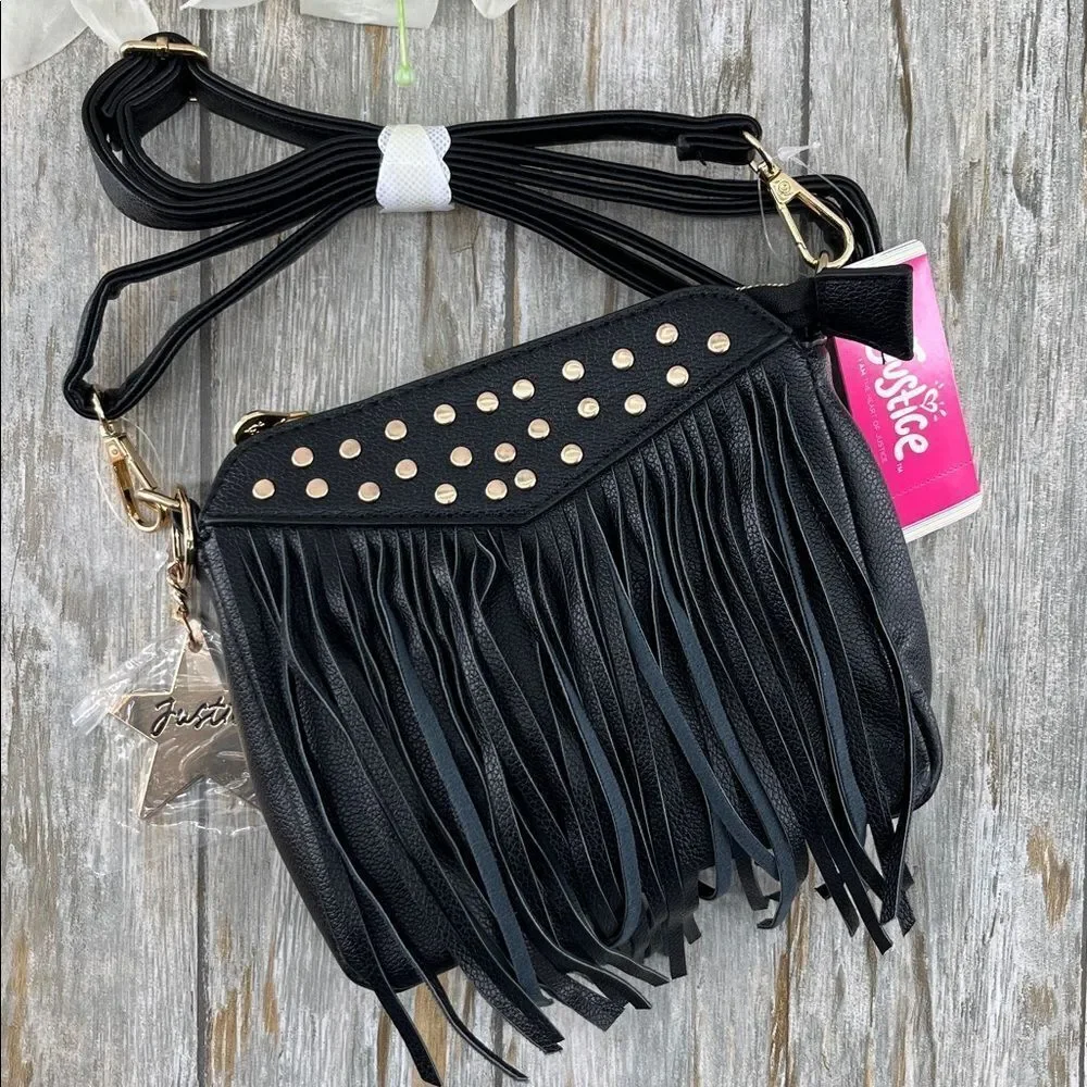 Justice Girls Fringe Crossbody Bag Purse Black